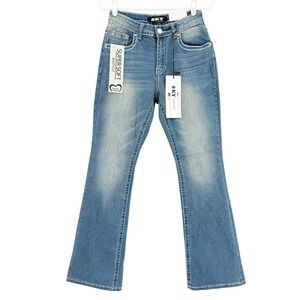 SKY Premium Women's Stretch Jeans Sz 7/8 Bootcut Embroidered Bull Skull Blue NWT